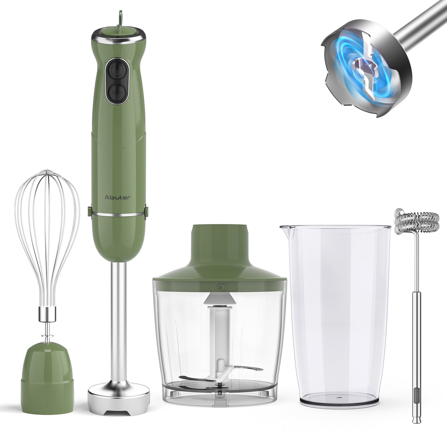 Abuler 5-in-1 Immersion Hand Blender: Powerful 800W, 12 Speeds, Stainless Steel, Mixing Beaker, Chopper, Whisk, Milk Frother - Green
