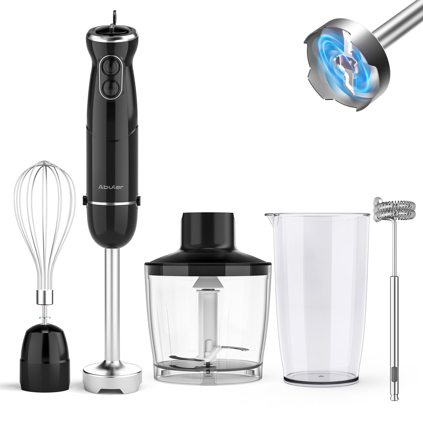 Abuler Handheld Immersion Blender 5 in 1 - 1000W Hand Mixer Stick with 12 Speeds, Turbo Mode, and Stainless Steel Blades - Includes Mixing Beaker, Chopper, Whisk, and Milk Frother - Ideal for Soups, Smoothies, Baby Food, Sauces - Black