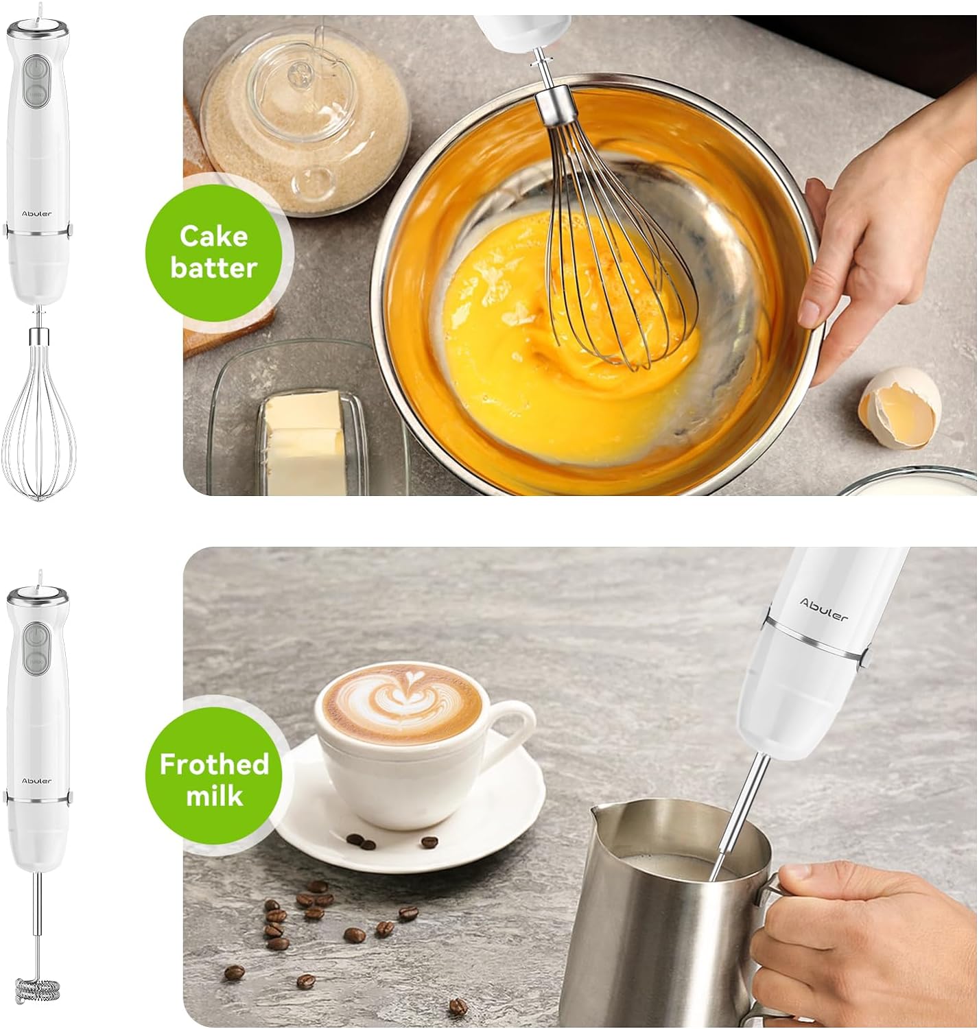 Immersion Blender Handheld, 1000W Scratch Resistant Hand Blender, Abuler 5 in 1 Emulsifier Blender Mixer, BPA-Free 12 Speed Stick Blender, Beaker, Chopper, Whisk, Frother, for Soup, Sauce(White)