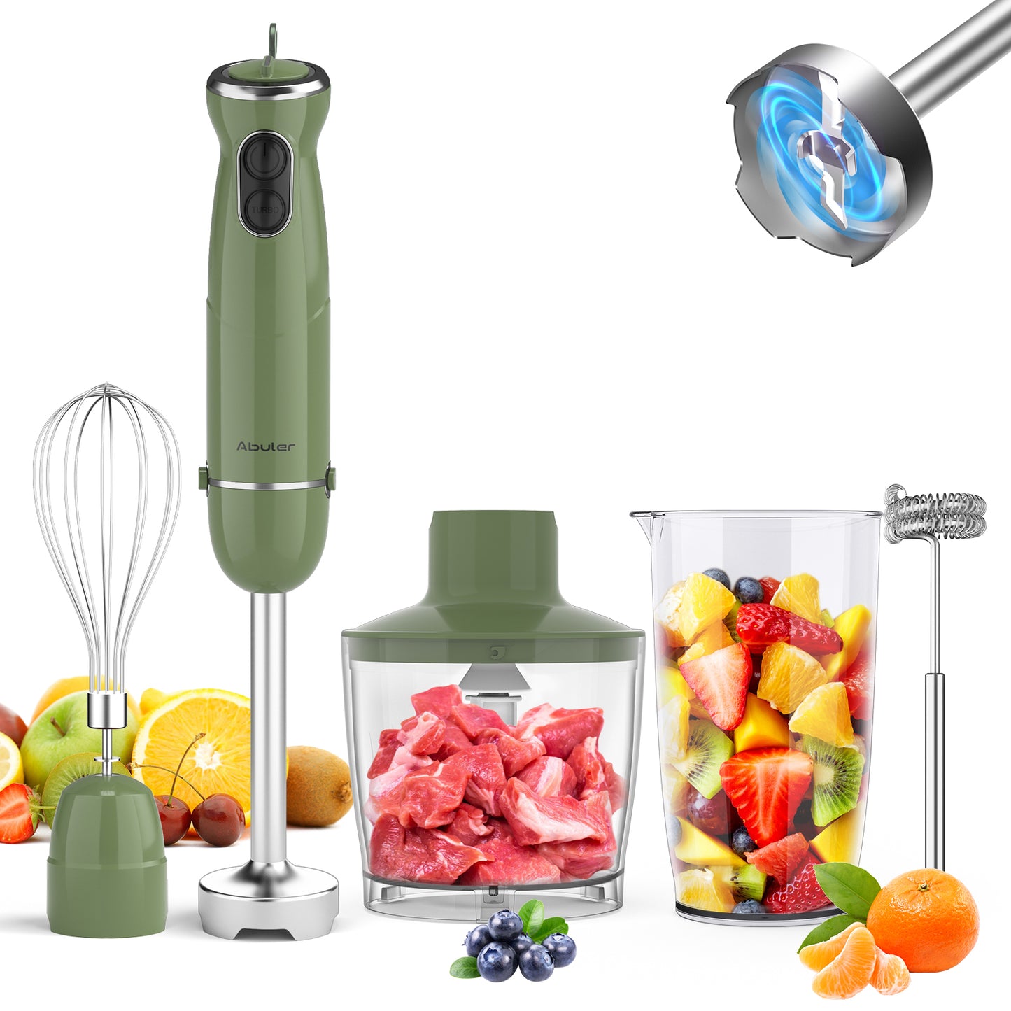 Abuler 5-in-1 Immersion Hand Blender: Powerful 800W, 12 Speeds, Stainless Steel, Mixing Beaker, Chopper, Whisk, Milk Frother - Green