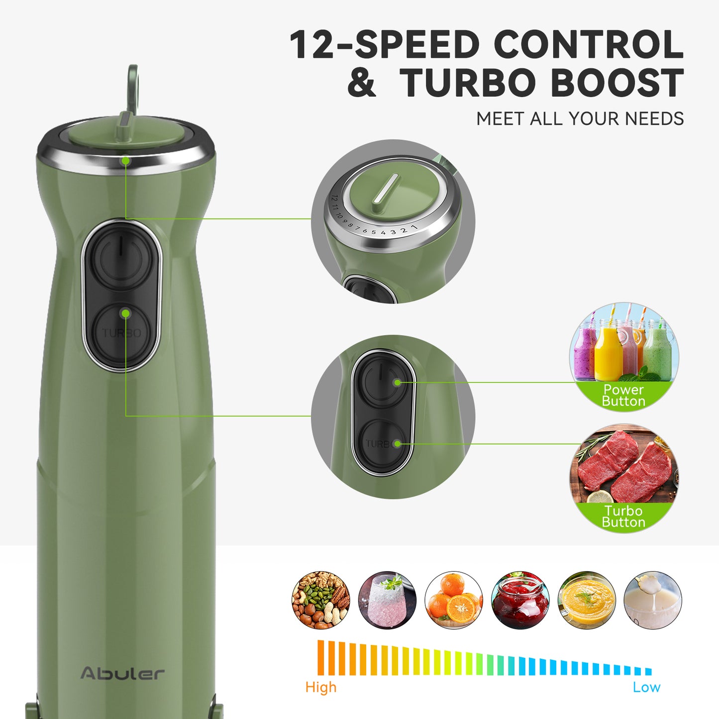 Abuler 5-in-1 Immersion Hand Blender: Powerful 800W, 12 Speeds, Stainless Steel, Mixing Beaker, Chopper, Whisk, Milk Frother - Green