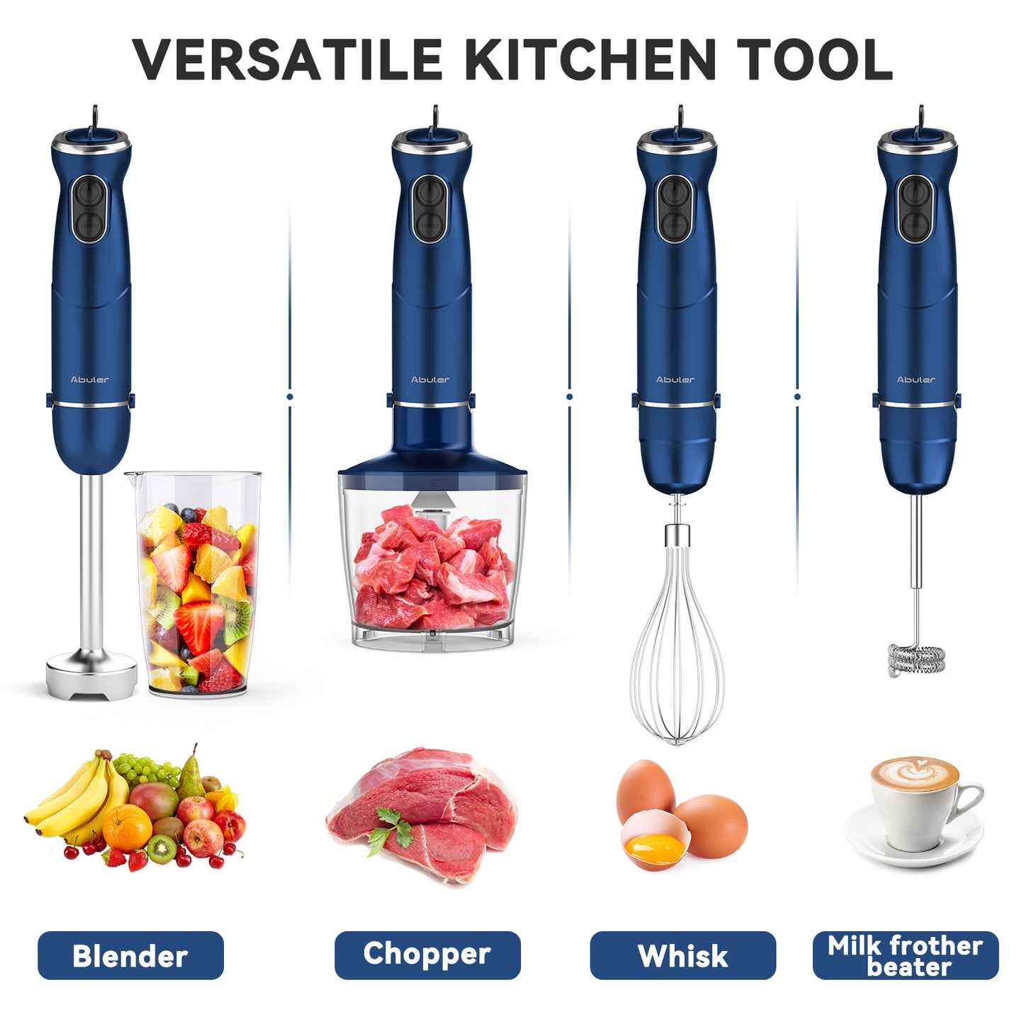 Immersion Blender Hand Blender, Abuler 1000W Hand Mixer Stick, 5-in-1, 12 Speed BPA-Free Stick Blender 304 Stainless Steel, Chopper, Whisk, Milk Frother, Beaker, Smoothies, Milkshake, Purée Baby Food, Sauce, Dips, Mayo