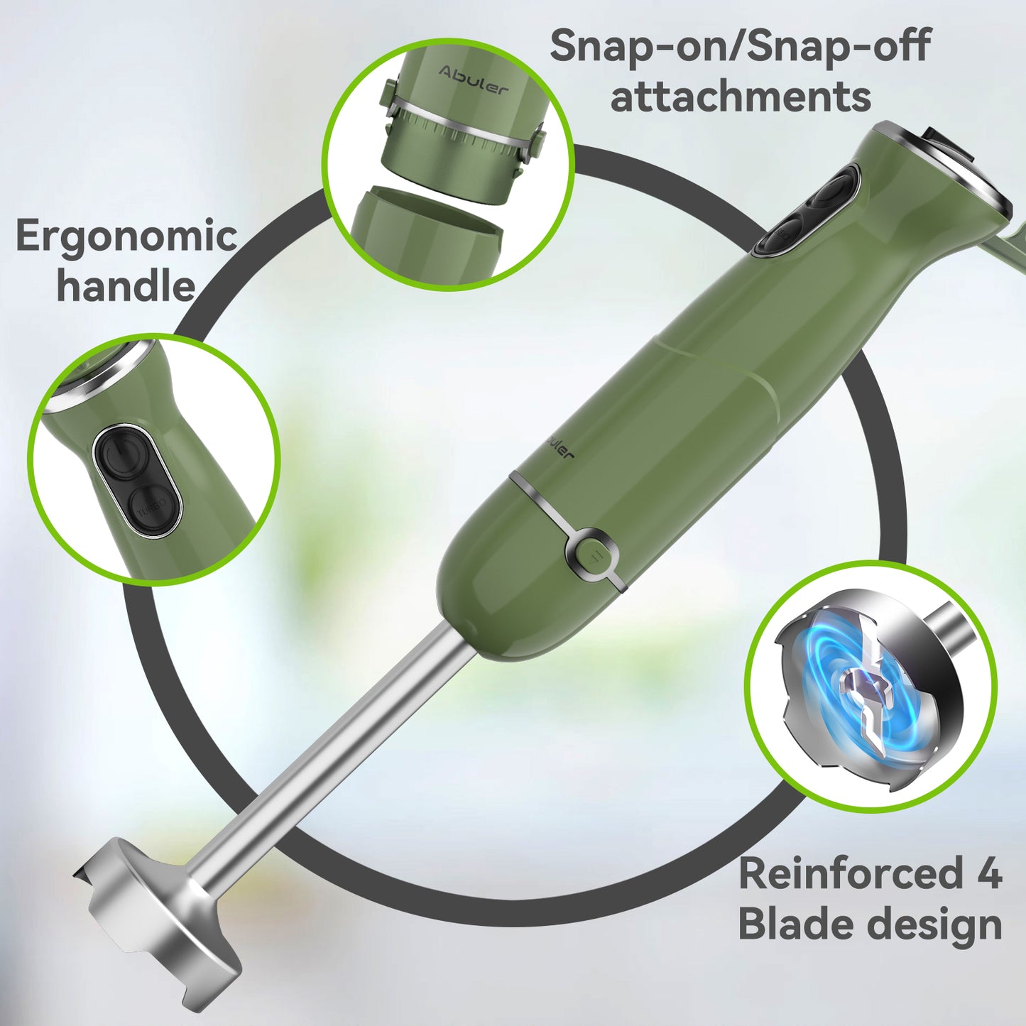 Abuler 5-in-1 Immersion Hand Blender: Powerful 800W, 12 Speeds, Stainless Steel, Mixing Beaker, Chopper, Whisk, Milk Frother - Green