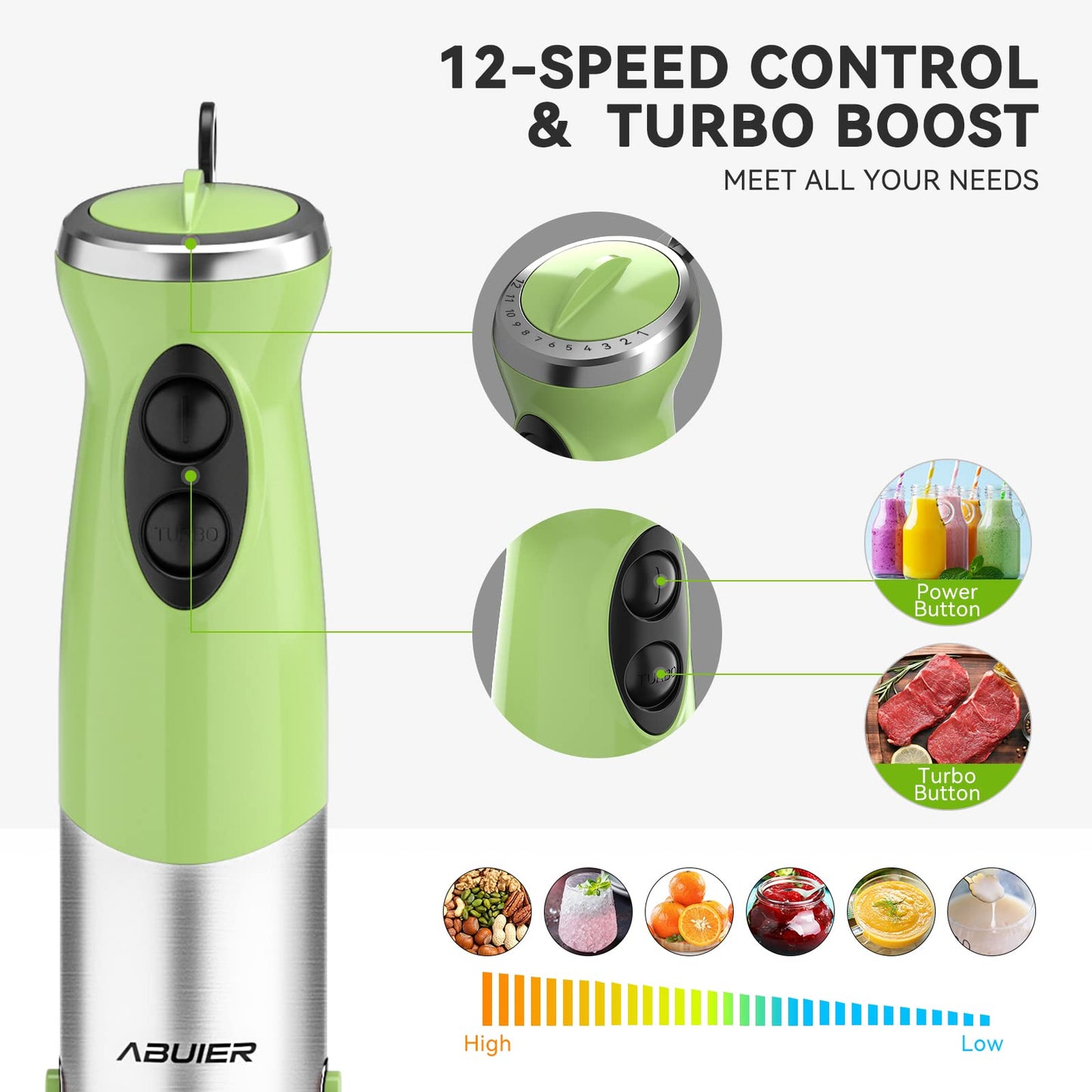 Abuler 5-in-1 Immersion Hand Blender: Powerful 800W, 12 Speeds, Stainless Steel, Mixing Beaker, Chopper, Whisk, Milk Frother - Green