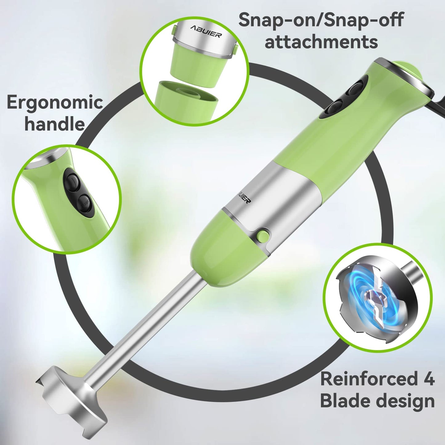 Abuler 5-in-1 Immersion Hand Blender: Powerful 800W, 12 Speeds, Stainless Steel, Mixing Beaker, Chopper, Whisk, Milk Frother - Green