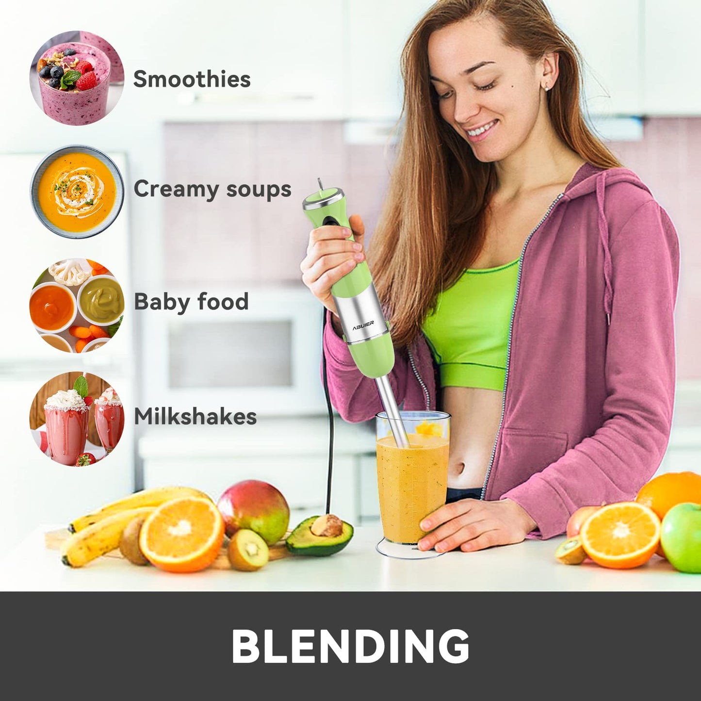 Abuler 5-in-1 Immersion Hand Blender: Powerful 800W, 12 Speeds, Stainless Steel, Mixing Beaker, Chopper, Whisk, Milk Frother - Green