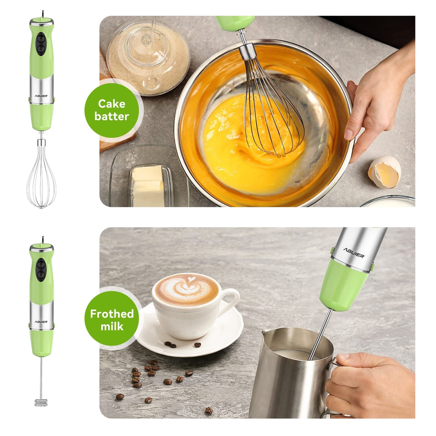 Abuler 5-in-1 Immersion Hand Blender: Powerful 800W, 12 Speeds, Stainless Steel, Mixing Beaker, Chopper, Whisk, Milk Frother - Green