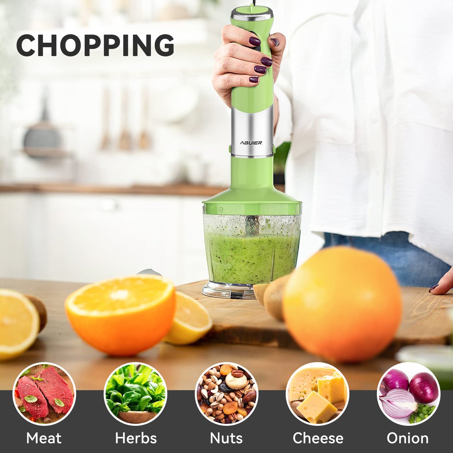 Abuler 5-in-1 Immersion Hand Blender: Powerful 800W, 12 Speeds, Stainless Steel, Mixing Beaker, Chopper, Whisk, Milk Frother - Green