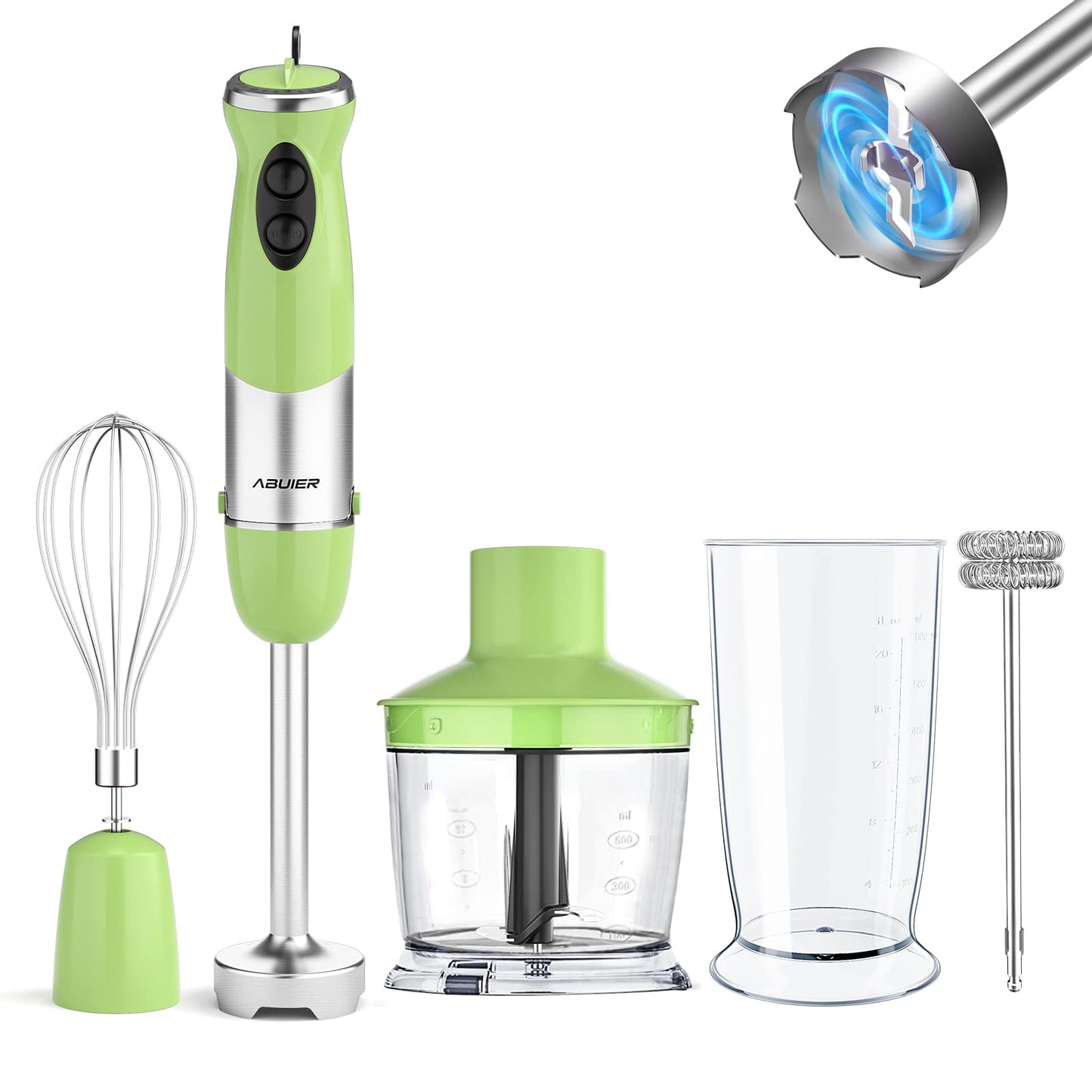 Abuler 5-in-1 Immersion Hand Blender: Powerful 800W, 12 Speeds, Stainless Steel, Mixing Beaker, Chopper, Whisk, Milk Frother - Green
