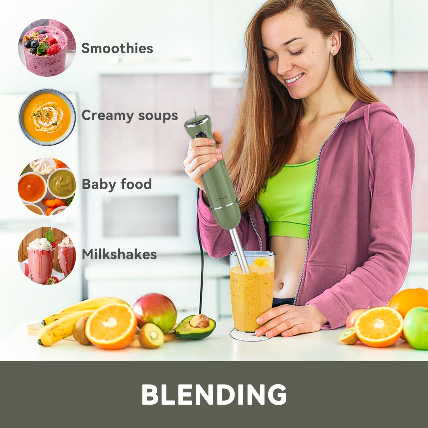 Abuler 5-in-1 Immersion Hand Blender: Powerful 800W, 12 Speeds, Stainless Steel, Mixing Beaker, Chopper, Whisk, Milk Frother - Green
