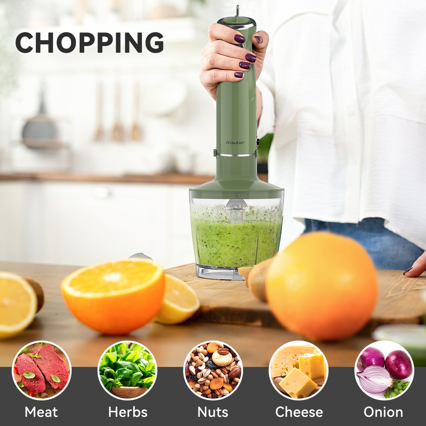 Abuler 5-in-1 Immersion Hand Blender: Powerful 800W, 12 Speeds, Stainless Steel, Mixing Beaker, Chopper, Whisk, Milk Frother - Green