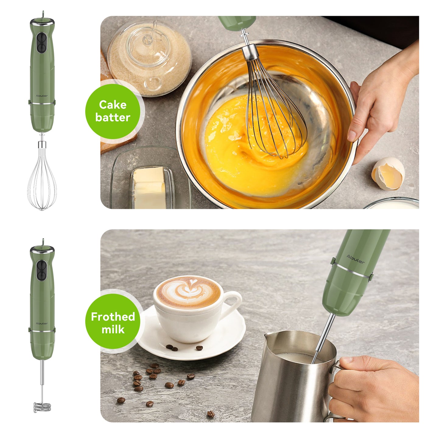 Abuler 5-in-1 Immersion Hand Blender: Powerful 800W, 12 Speeds, Stainless Steel, Mixing Beaker, Chopper, Whisk, Milk Frother - Green