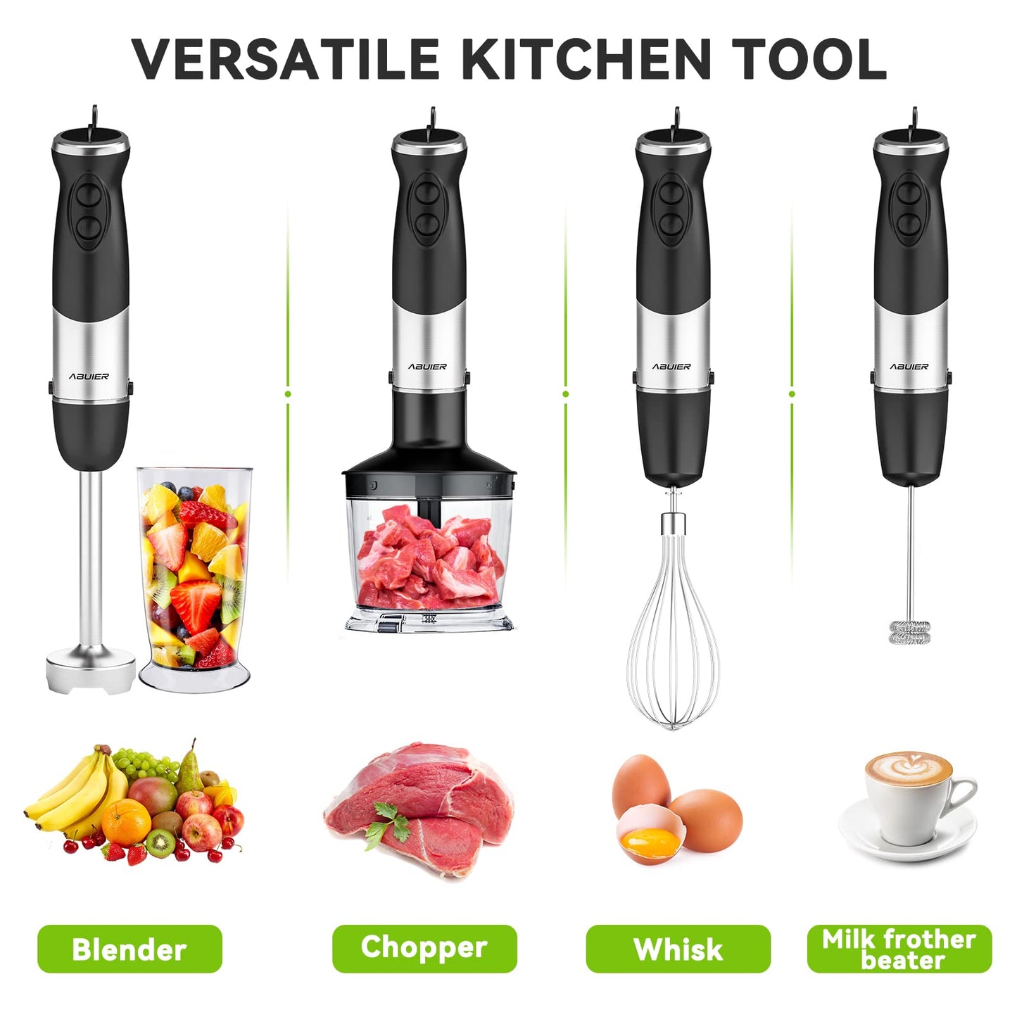 Abuler Handheld Immersion Blender 5 in 1 - 800W Hand Mixer Stick with 12 Speeds, Turbo Mode, and Stainless Steel Blades - Includes Mixing Beaker, Chopper, Whisk, and Milk Frother - Ideal for Soups, Smoothies, Baby Food, Sauces - Black