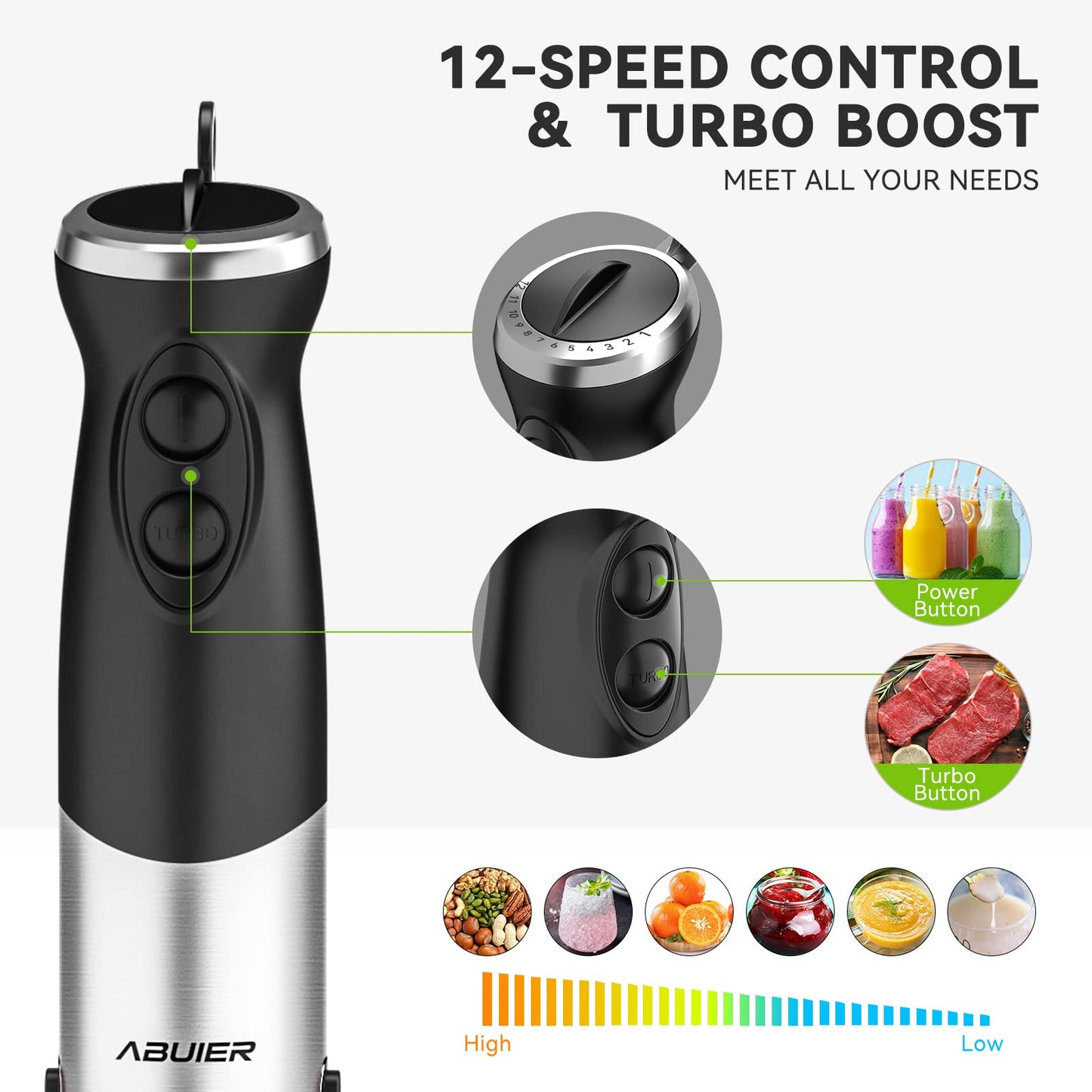 Abuler Handheld Immersion Blender 5 in 1 - 800W Hand Mixer Stick with 12 Speeds, Turbo Mode, and Stainless Steel Blades - Includes Mixing Beaker, Chopper, Whisk, and Milk Frother - Ideal for Soups, Smoothies, Baby Food, Sauces - Black