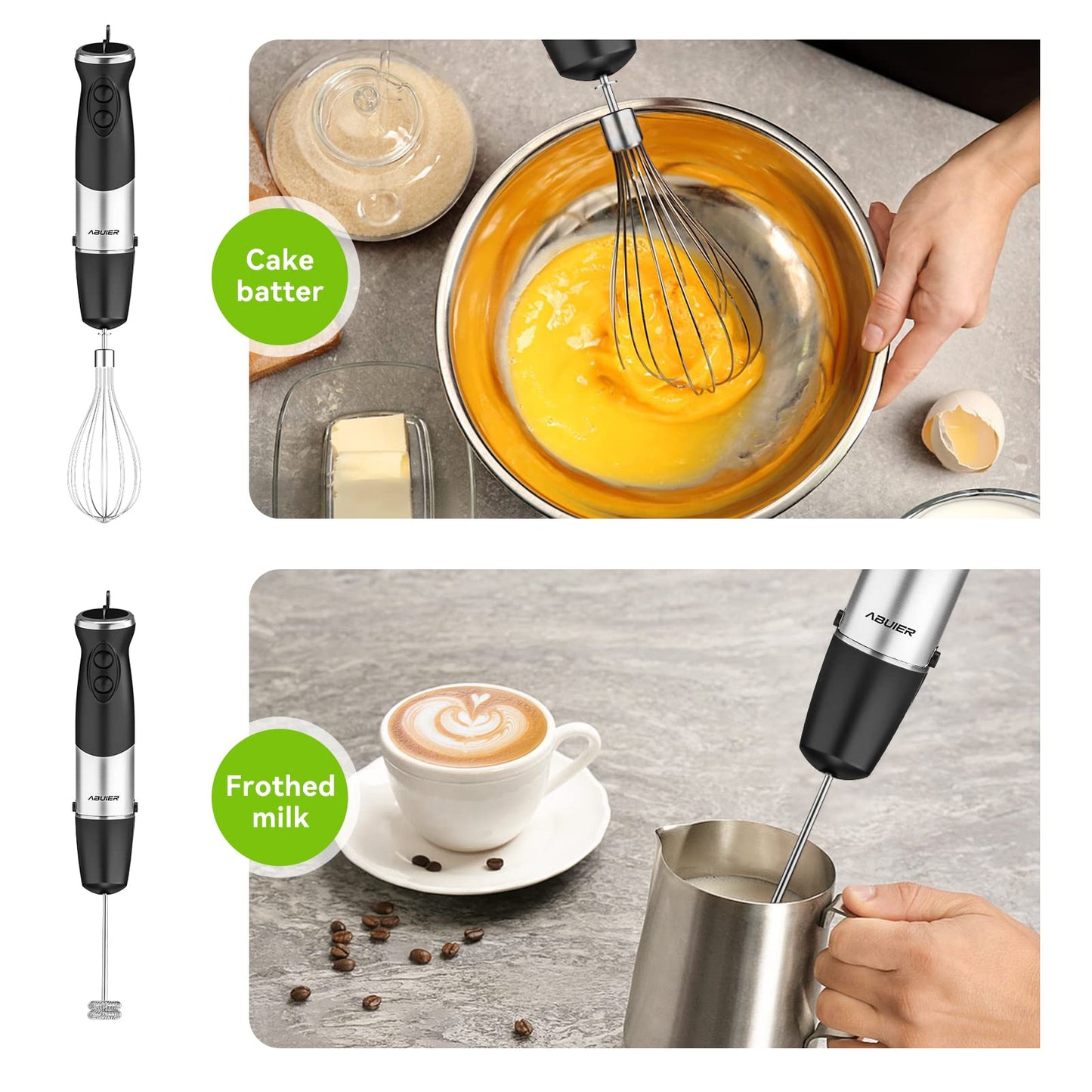 Abuler Handheld Immersion Blender 5 in 1 - 800W Hand Mixer Stick with 12 Speeds, Turbo Mode, and Stainless Steel Blades - Includes Mixing Beaker, Chopper, Whisk, and Milk Frother - Ideal for Soups, Smoothies, Baby Food, Sauces - Black