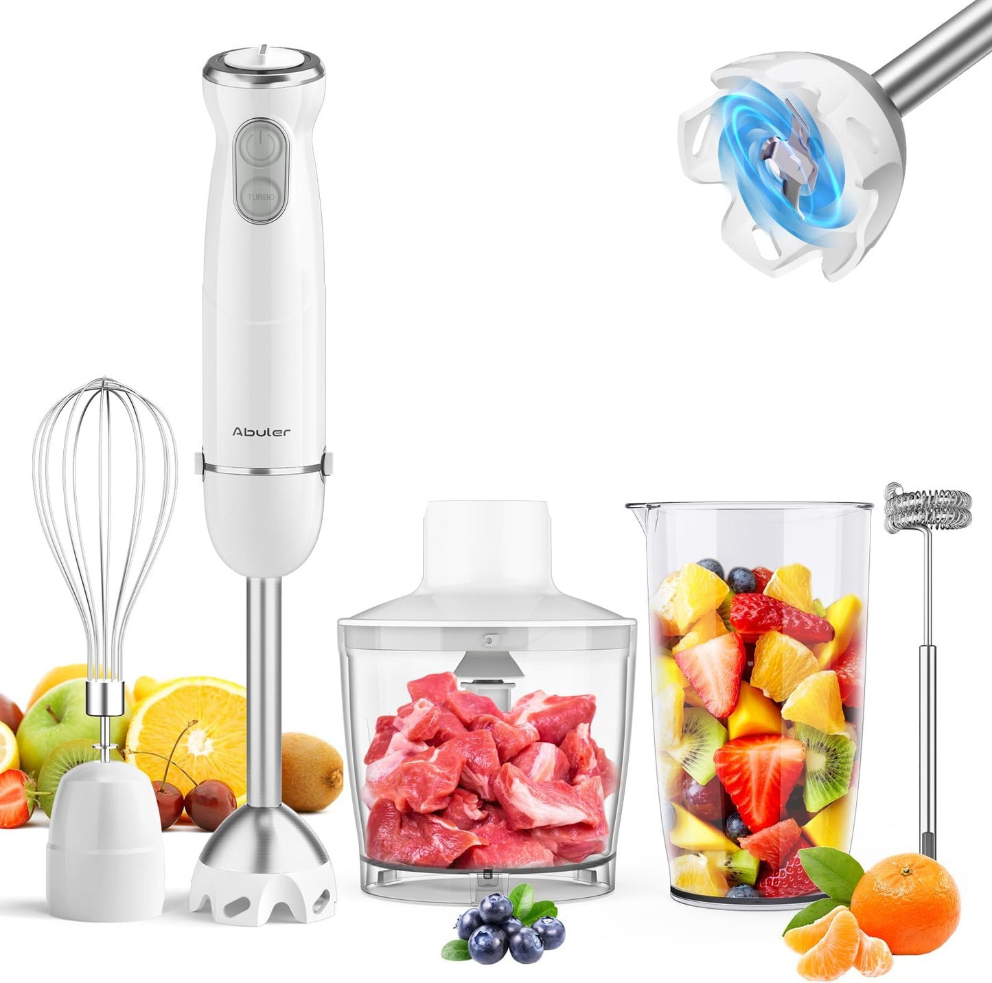 Immersion Blender Handheld, 800W Scratch Resistant Hand Blender, Abuler 5 in 1 Emulsifier Blender Mixer, BPA-Free 12 Speed Stick Blender, Beaker, Chopper, Whisk, Frother, for Soup, Sauce(White)