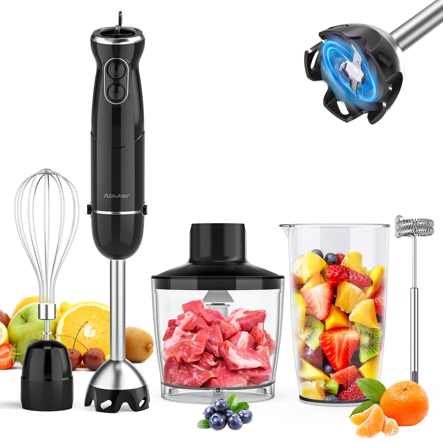 Immersion Blender Handheld, 800W Scratch Resistant Hand Blender, Abuler 5 in 1 Emulsifier Blender Mixer, BPA-Free 12 Speed Stick Blender, Beaker, Chopper, Whisk, Frother, for Soup, Sauce (Black)