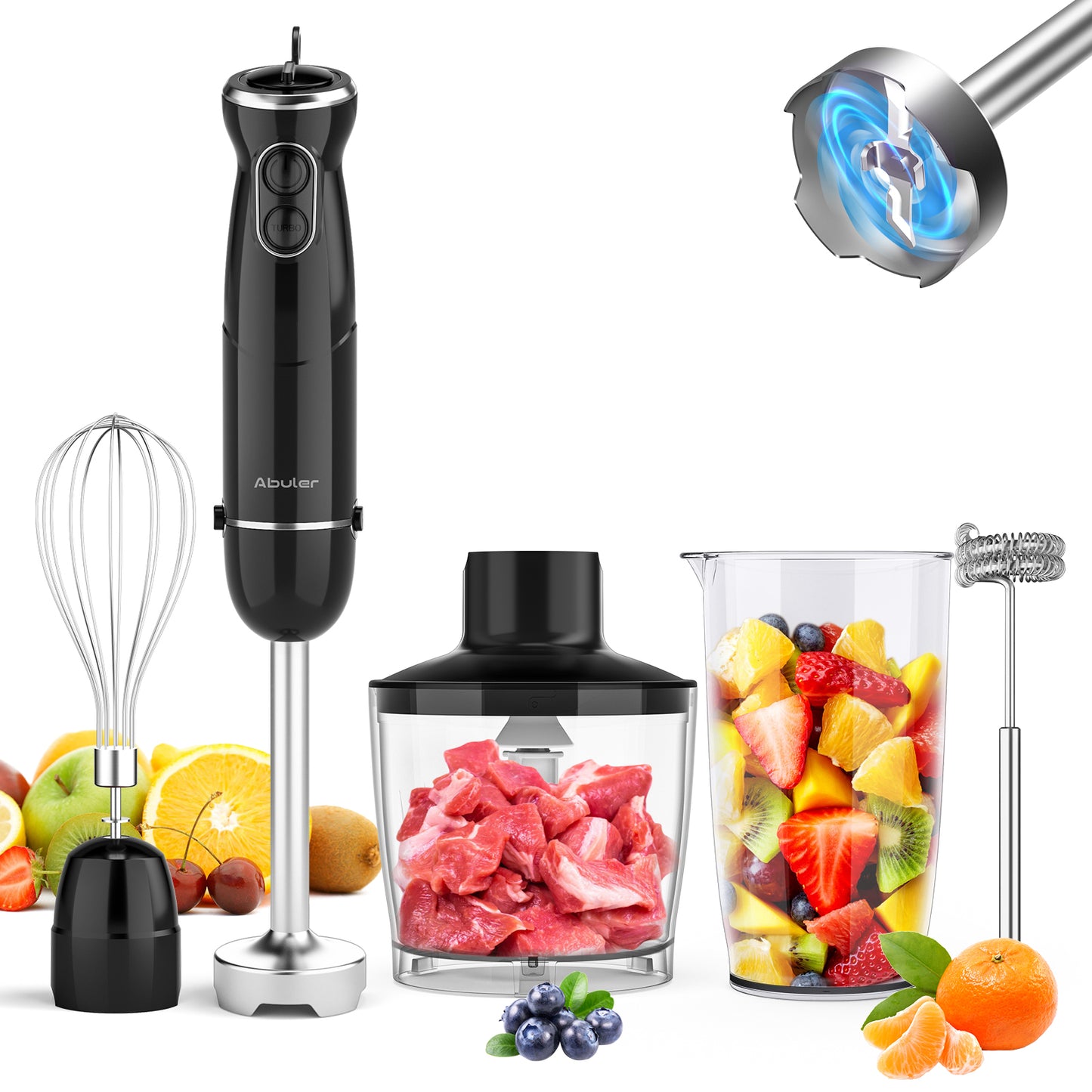 Abuler Handheld Immersion Blender 5 in 1 - 800W Hand Mixer Stick with 12 Speeds, Turbo Mode, and Stainless Steel Blades - Includes Mixing Beaker, Chopper, Whisk, and Milk Frother - Ideal for Soups, Smoothies, Baby Food, Sauces - Black