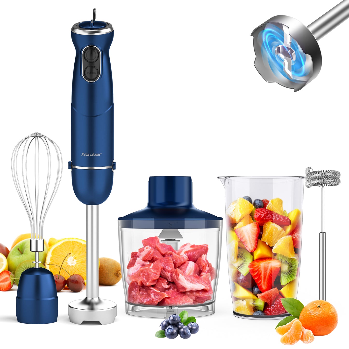 Immersion Blender Hand Blender, Abuler 800W Hand Mixer Stick, 5-in-1, 12 Speed BPA-Free Stick Blender 304 Stainless Steel, Chopper, Whisk, Milk Frother, Beaker, Smoothies, Milkshake, Purée Baby Food, Sauce, Dips, Mayo