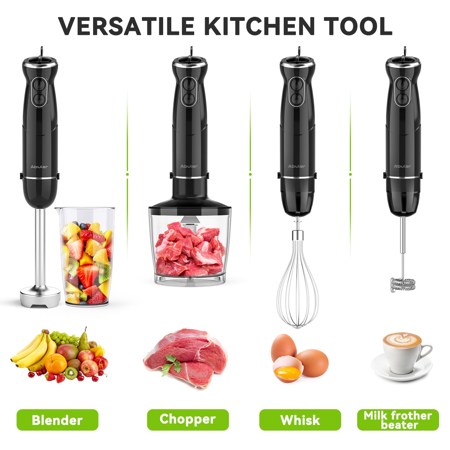 Abuler Handheld Immersion Blender 5 in 1 - 800W Hand Mixer Stick with 12 Speeds, Turbo Mode, and Stainless Steel Blades - Includes Mixing Beaker, Chopper, Whisk, and Milk Frother - Ideal for Soups, Smoothies, Baby Food, Sauces - Black