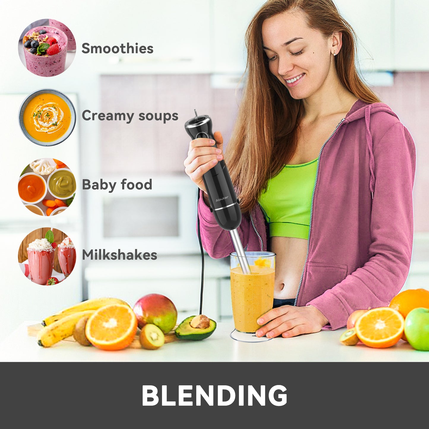 Abuler Handheld Immersion Blender 5 in 1 - 800W Hand Mixer Stick with 12 Speeds, Turbo Mode, and Stainless Steel Blades - Includes Mixing Beaker, Chopper, Whisk, and Milk Frother - Ideal for Soups, Smoothies, Baby Food, Sauces - Black