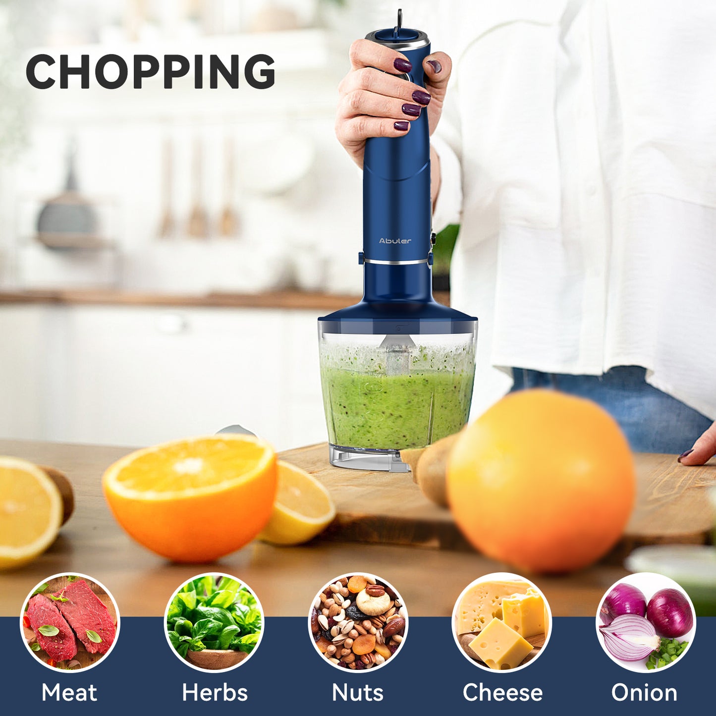 Immersion Blender Hand Blender, Abuler 800W Hand Mixer Stick, 5-in-1, 12 Speed BPA-Free Stick Blender 304 Stainless Steel, Chopper, Whisk, Milk Frother, Beaker, Smoothies, Milkshake, Purée Baby Food, Sauce, Dips, Mayo