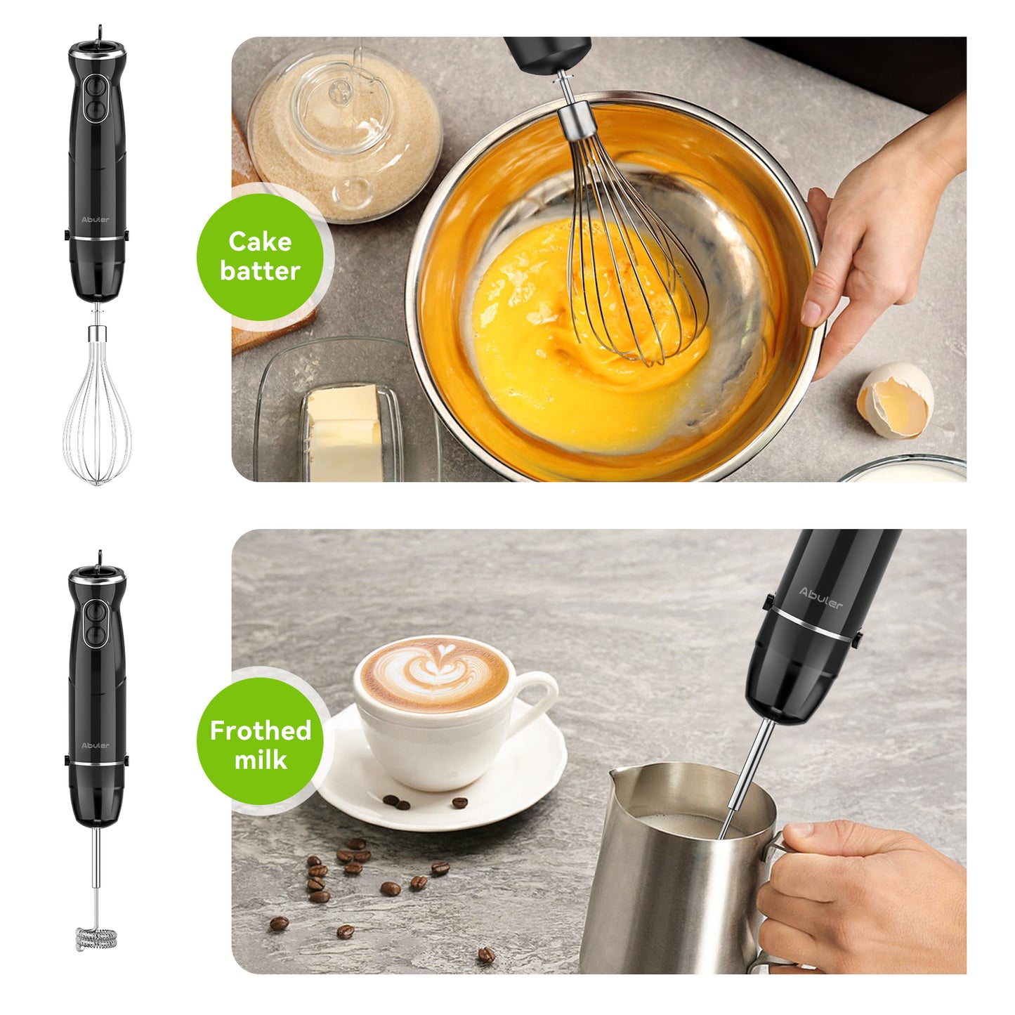 Abuler Handheld Immersion Blender 5 in 1 - 800W Hand Mixer Stick with 12 Speeds, Turbo Mode, and Stainless Steel Blades - Includes Mixing Beaker, Chopper, Whisk, and Milk Frother - Ideal for Soups, Smoothies, Baby Food, Sauces - Black