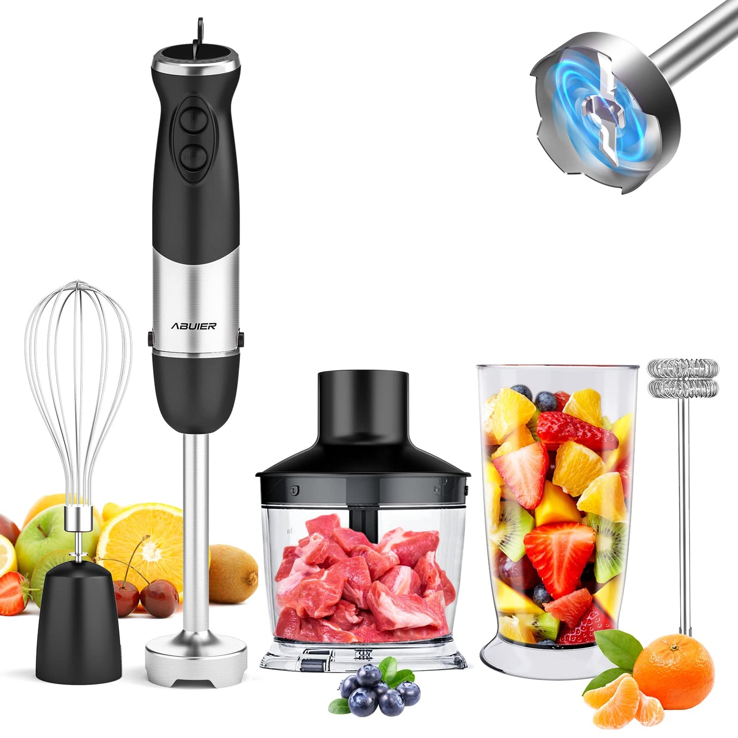 Abuler Handheld Immersion Blender 5 in 1 - 800W Hand Mixer Stick with 12 Speeds, Turbo Mode, and Stainless Steel Blades - Includes Mixing Beaker, Chopper, Whisk, and Milk Frother - Ideal for Soups, Smoothies, Baby Food, Sauces - Black