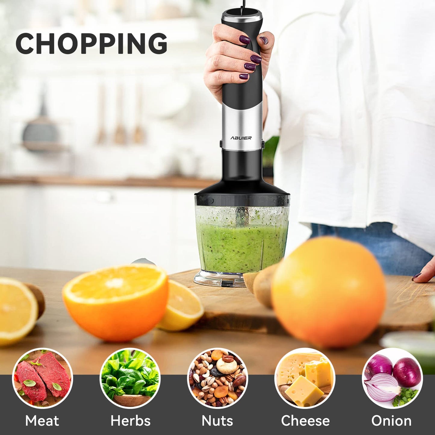 Abuler Handheld Immersion Blender 5 in 1 - 800W Hand Mixer Stick with 12 Speeds, Turbo Mode, and Stainless Steel Blades - Includes Mixing Beaker, Chopper, Whisk, and Milk Frother - Ideal for Soups, Smoothies, Baby Food, Sauces - Black