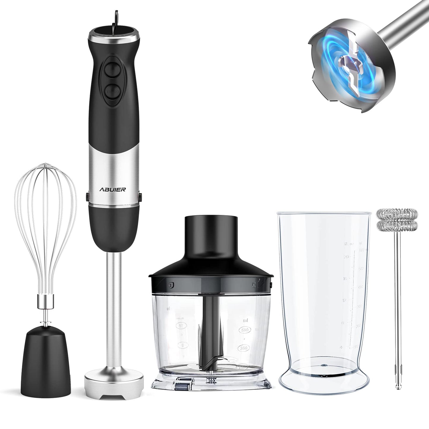 Abuler Handheld Immersion Blender 5 in 1 - 800W Hand Mixer Stick with 12 Speeds, Turbo Mode, and Stainless Steel Blades - Includes Mixing Beaker, Chopper, Whisk, and Milk Frother - Ideal for Soups, Smoothies, Baby Food, Sauces - Black