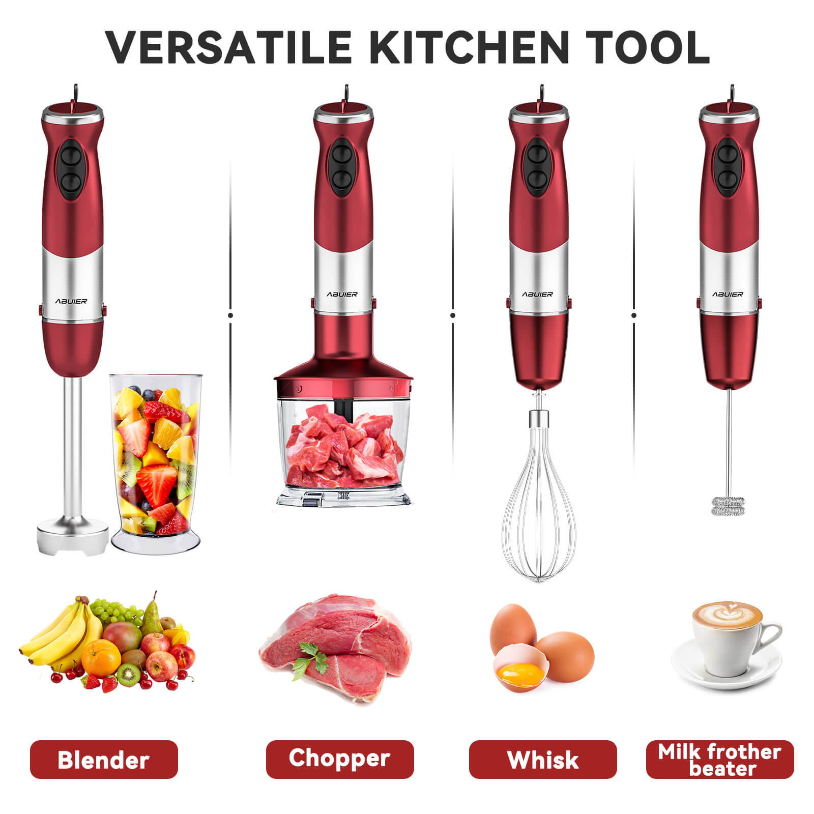 Immersion Blender Hand Mixer with Stainless Steel Blade and Whisk